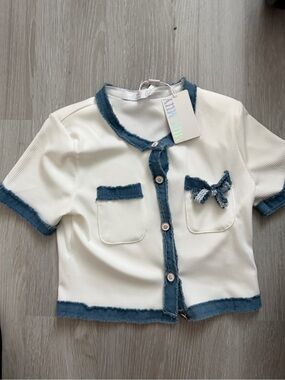 White Short-Sleeve Cardigan with Denim-Trim Bow